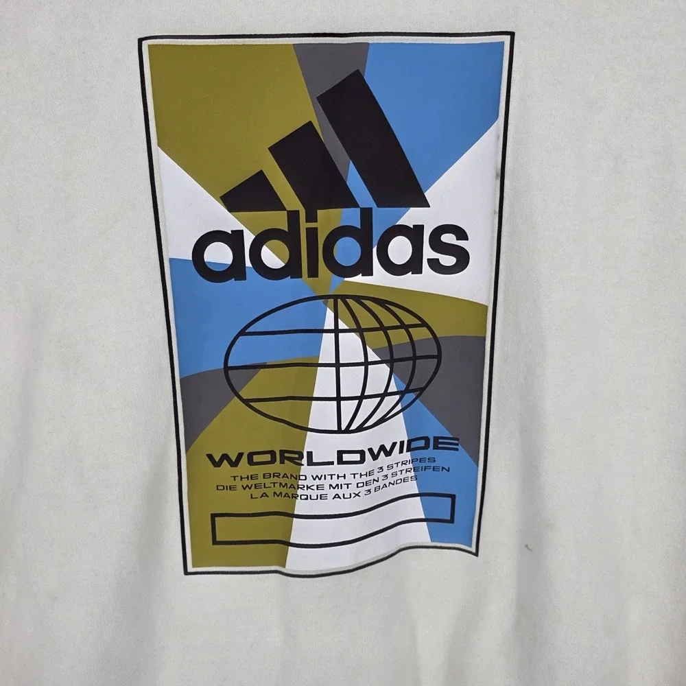 Adidas Worldwide Crewneck Sweatshirt Men XL Cream White Pullover Print 3 Stripes